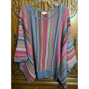 Novica Womens Multi Color Striped Baby Alpaca Blend Knit Poncho Sweater L/XL